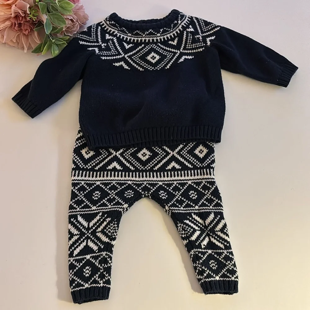 Fair Isle Set Fair Isle Sweater Pants Set for Baby 3-6M Navy Blue Sweater Outfit